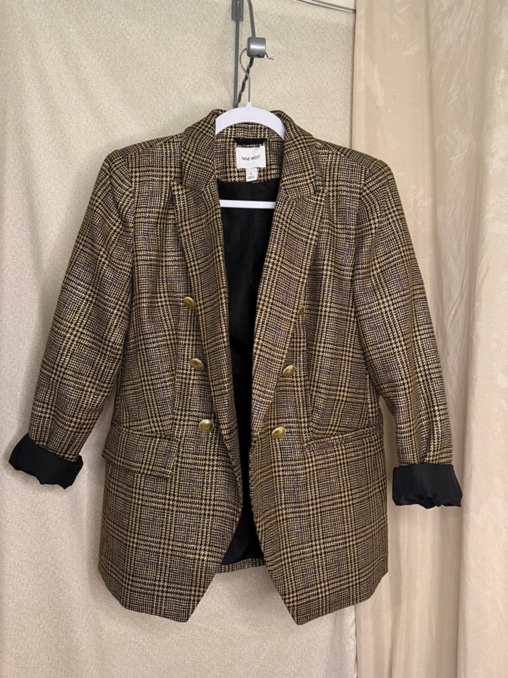 Nine West Brown and Black Plaid Double-Breasted Blazer